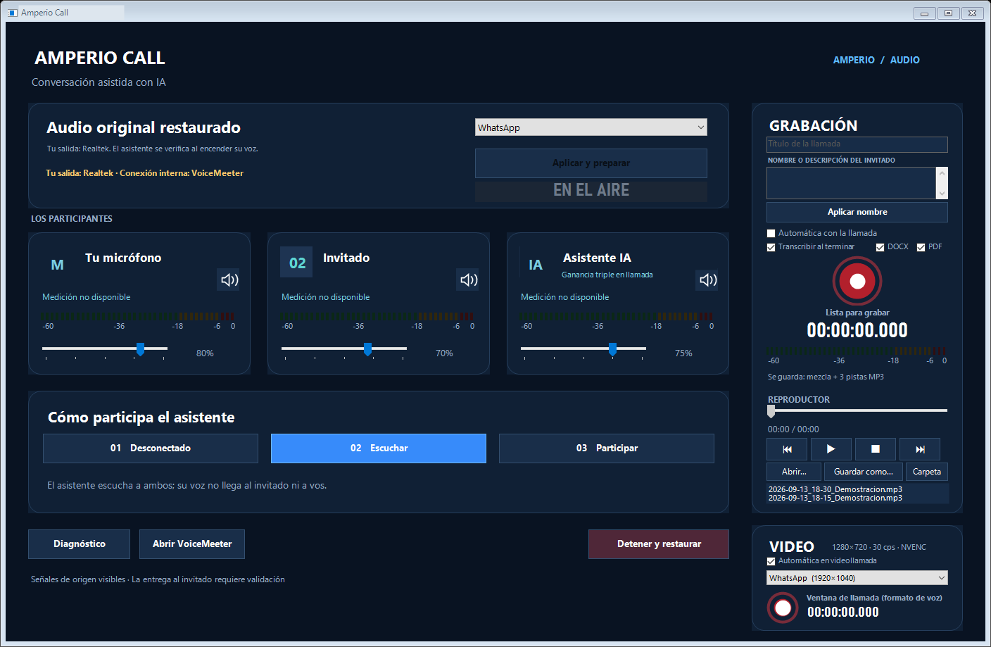 Captura real del panel de Amperio Call con tres participantes, grabación y video